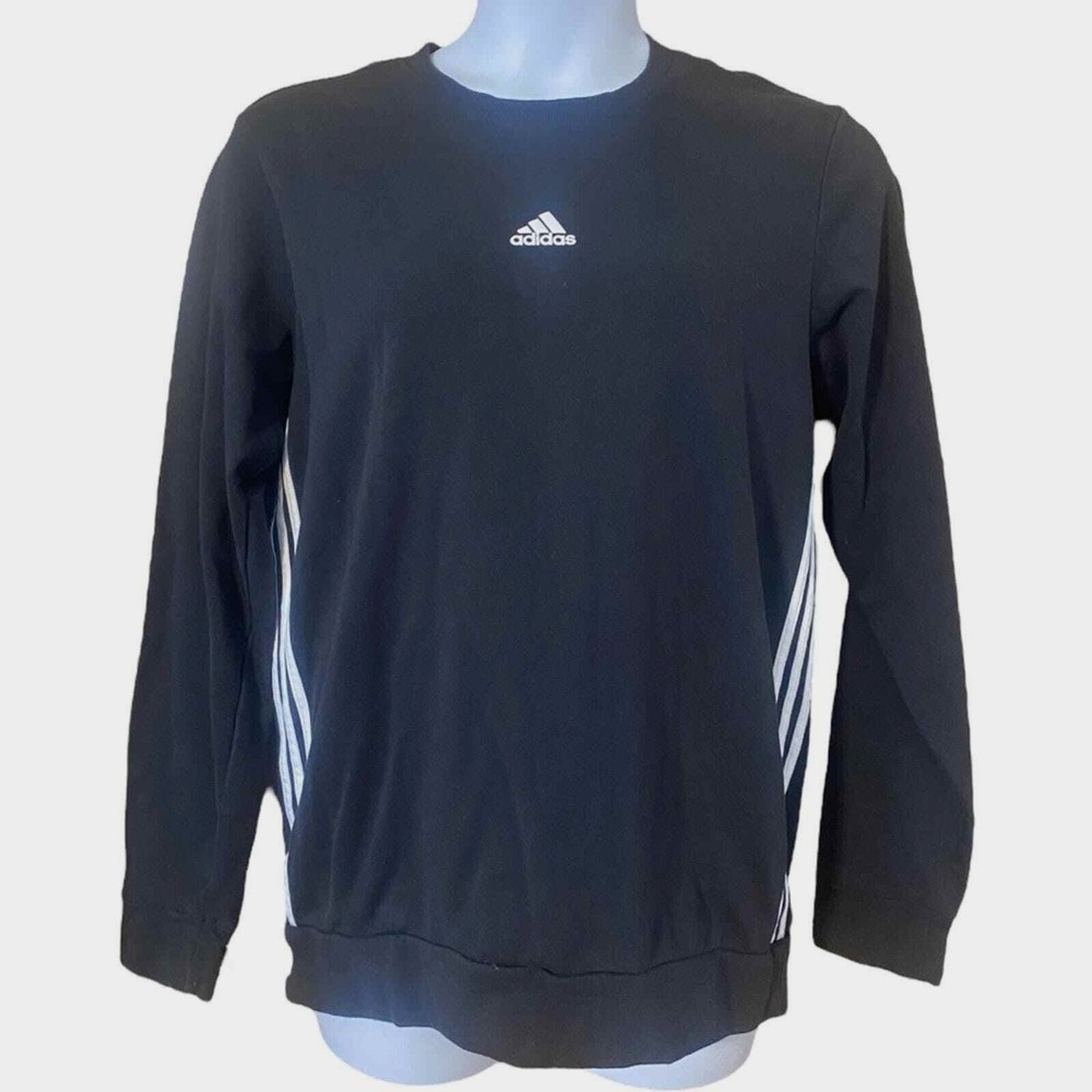 ADIDAS black sweatshirt with white stripes on sides, terry lined size Large